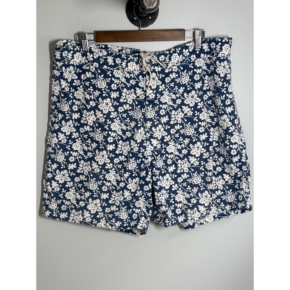 Vintage J.Crew Oarsmen Board Shorts Mens 38 Blue White Floral Cotton Canvas 6in